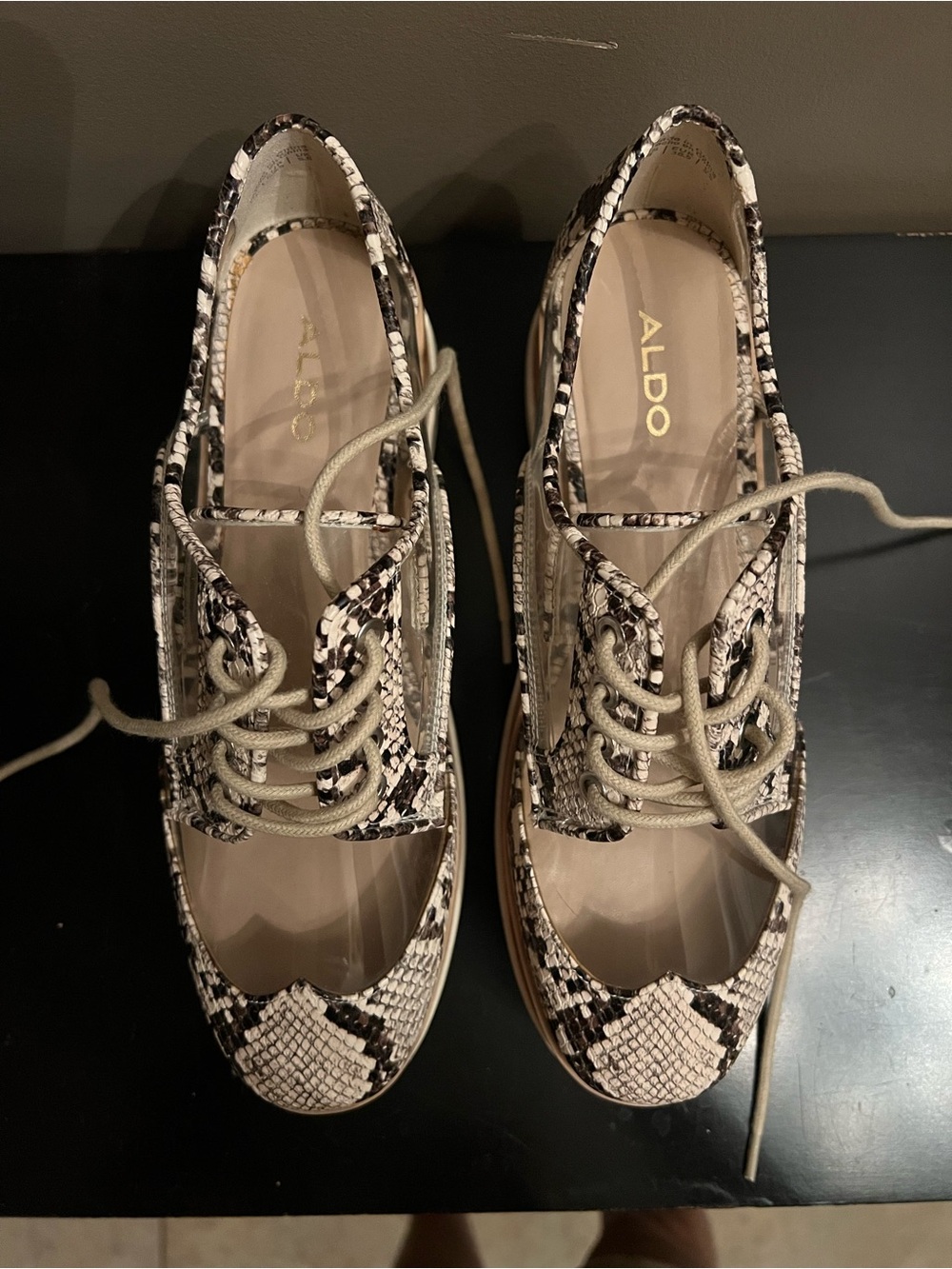 Aldo Womens Snake-Print Platform Sandal in Beige and Black - Picture 3 of 4